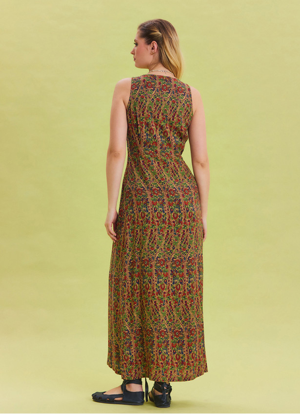 V Neck Slit Detail Patterned Green Long Dress 4455